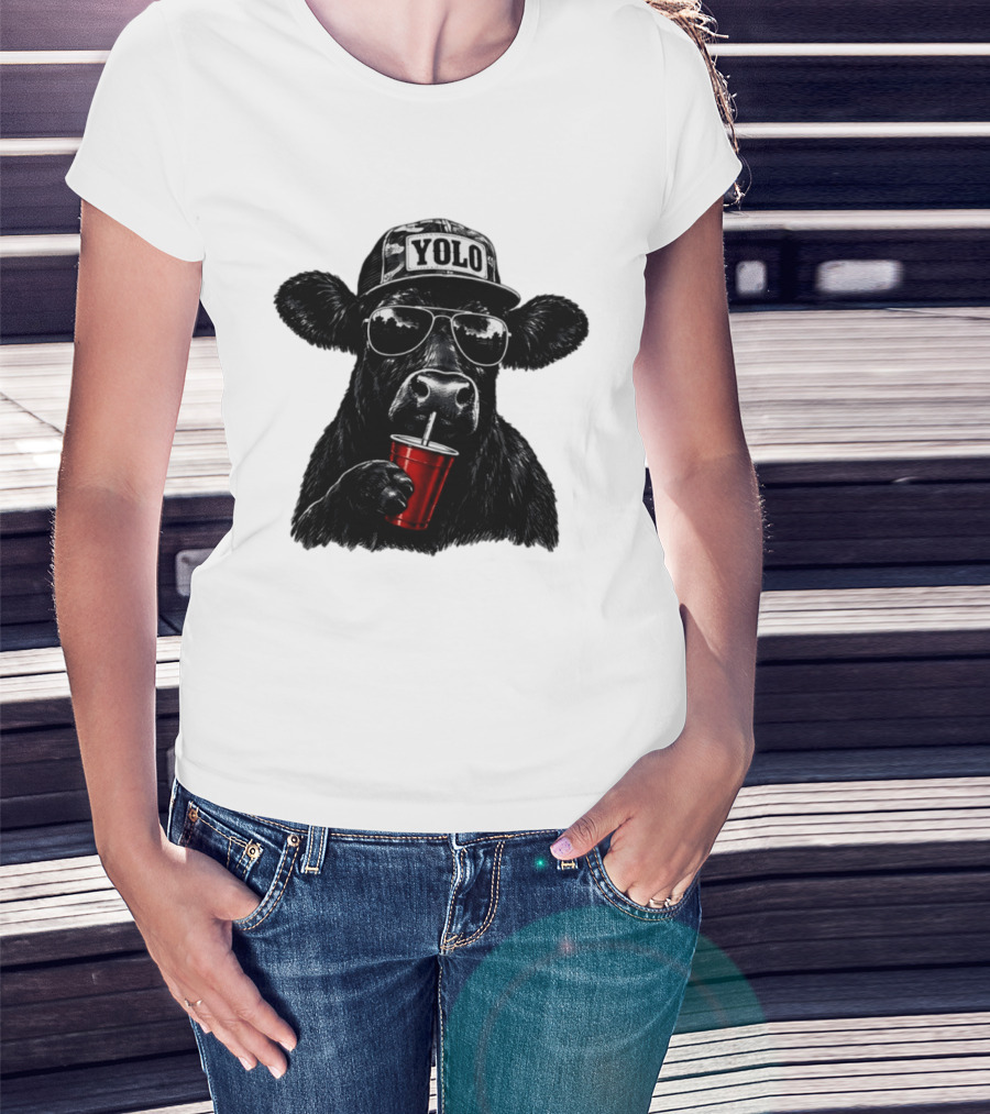 YOLO Angus Cattle With Sunglasses And Red Cup Western T-Shirt
