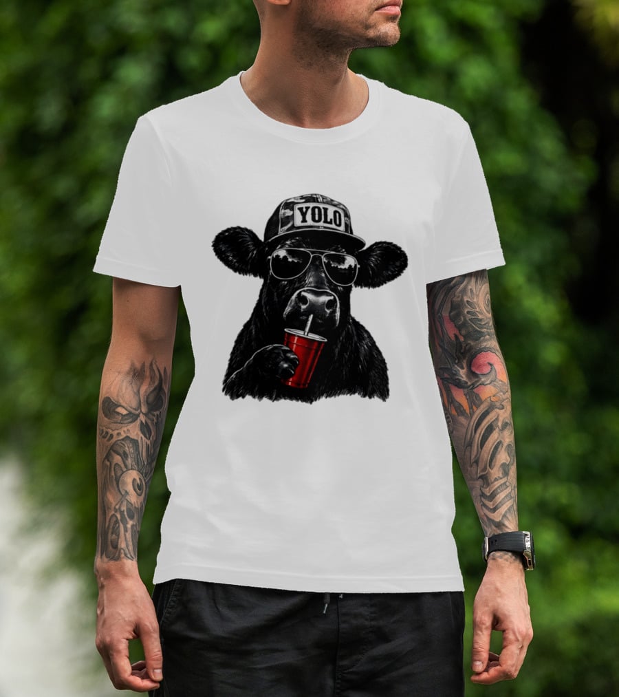YOLO Angus Cattle With Sunglasses And Red Cup Western T-Shirt