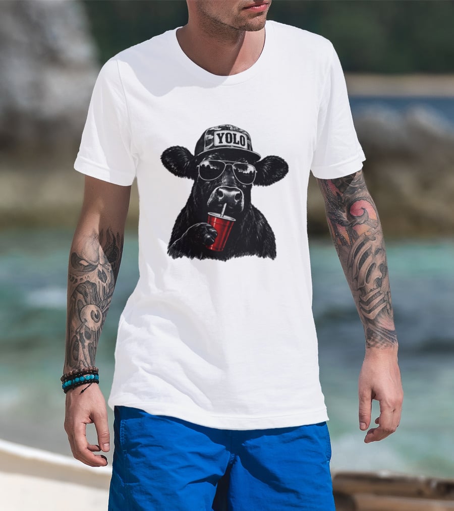 YOLO Angus Cattle With Sunglasses And Red Cup Western T-Shirt