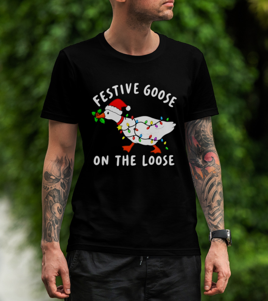 Festive Goose On The Loose With Christmas Lights And Santa Hat T-Shirt
