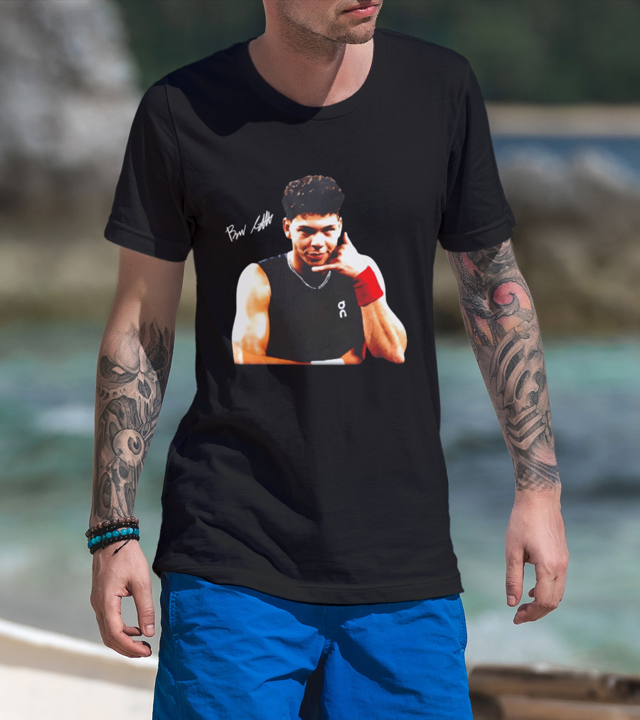Ben Shelton Phone Gesture On Athletic Tank With Red Wristband T-Shirt