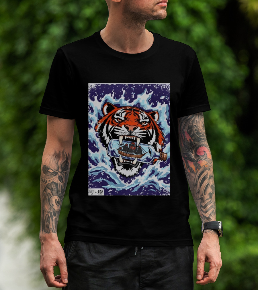 Bengals Vs Buccaneers Tiger And Pirate Ship Battle In A Bottle T-Shirt