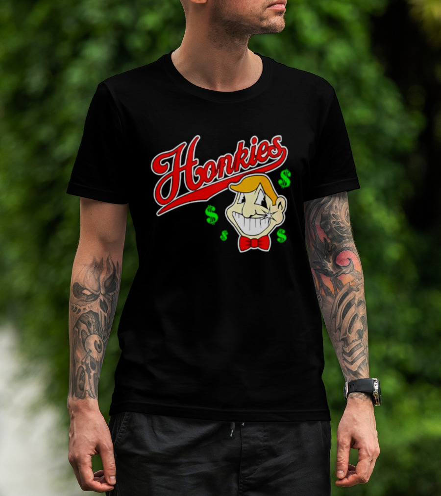Honkies Red Script Cash Icon With Cartoon Face And Bow Tie T-Shirt
