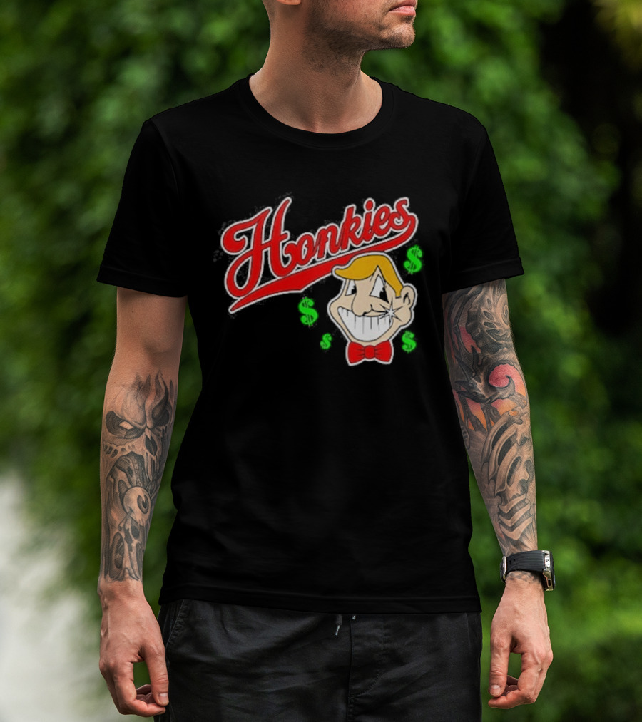 Honkies Red Script With Cartoon Face And Dollar Signs T-Shirt