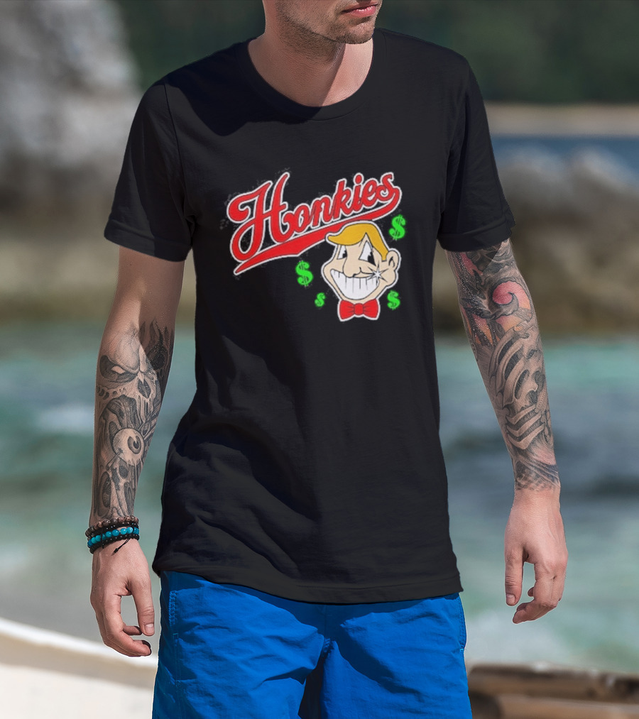 Honkies Red Script With Cartoon Face And Dollar Signs T-Shirt