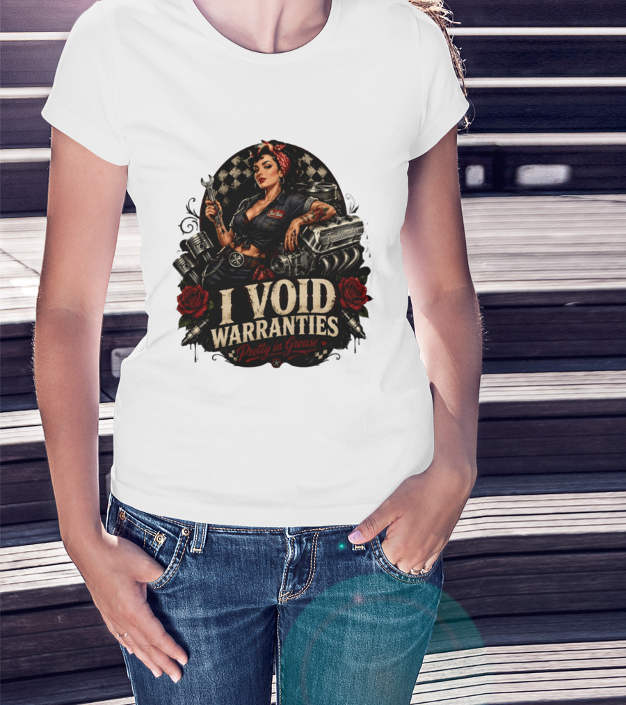 I Void Warranties Pretty In Grease Pin Up Girl Mechanic Troublemaker Engine Piston Rose Checkered T-Shirt