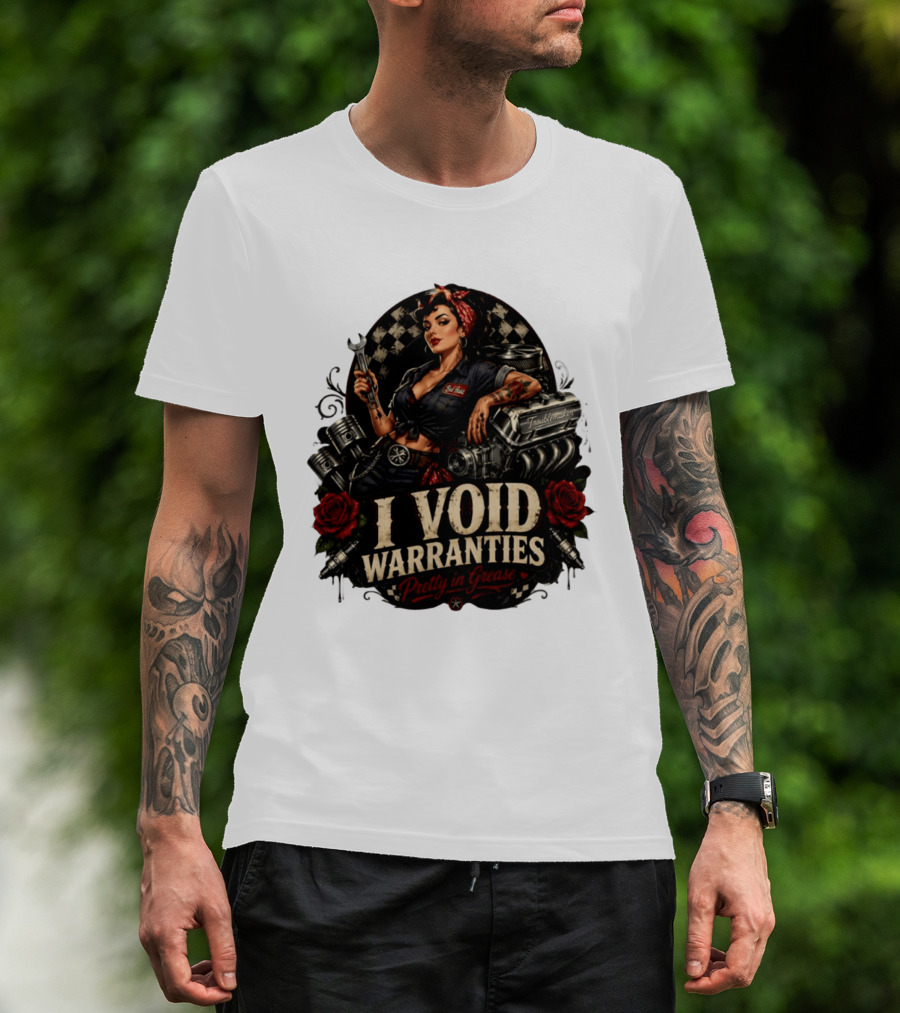 I Void Warranties Pretty In Grease Pin Up Girl Mechanic Troublemaker Engine Piston Rose Checkered T-Shirt