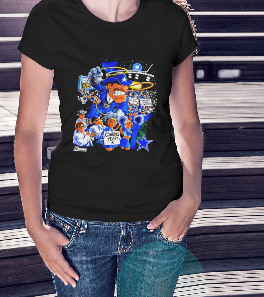 Dallas Cowboys Rowdy Mascot With Star And Cheerleaders Retro Cartoon T-Shirt