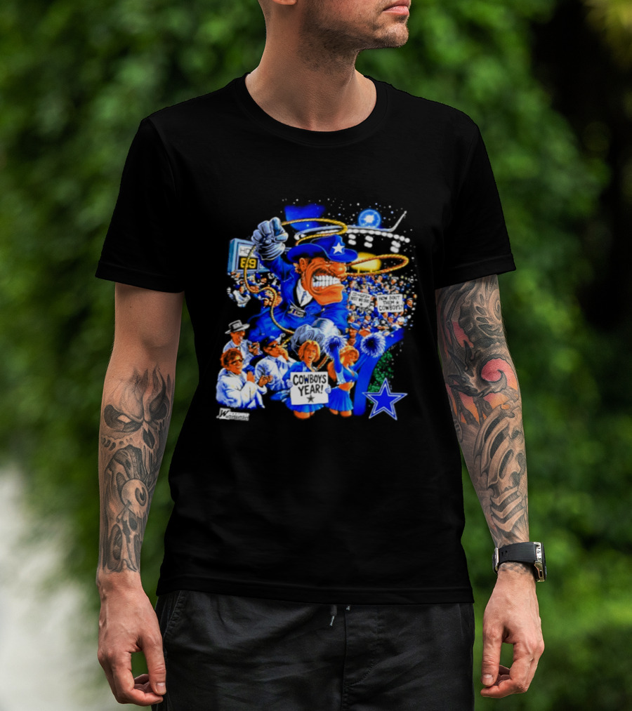 Dallas Cowboys Rowdy Mascot With Star And Cheerleaders Retro Cartoon T-Shirt