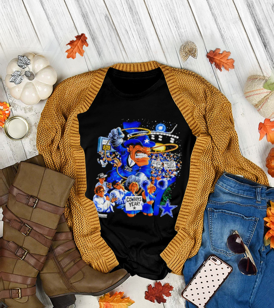 Dallas Cowboys Rowdy Mascot With Star And Cheerleaders Retro Cartoon T-Shirt
