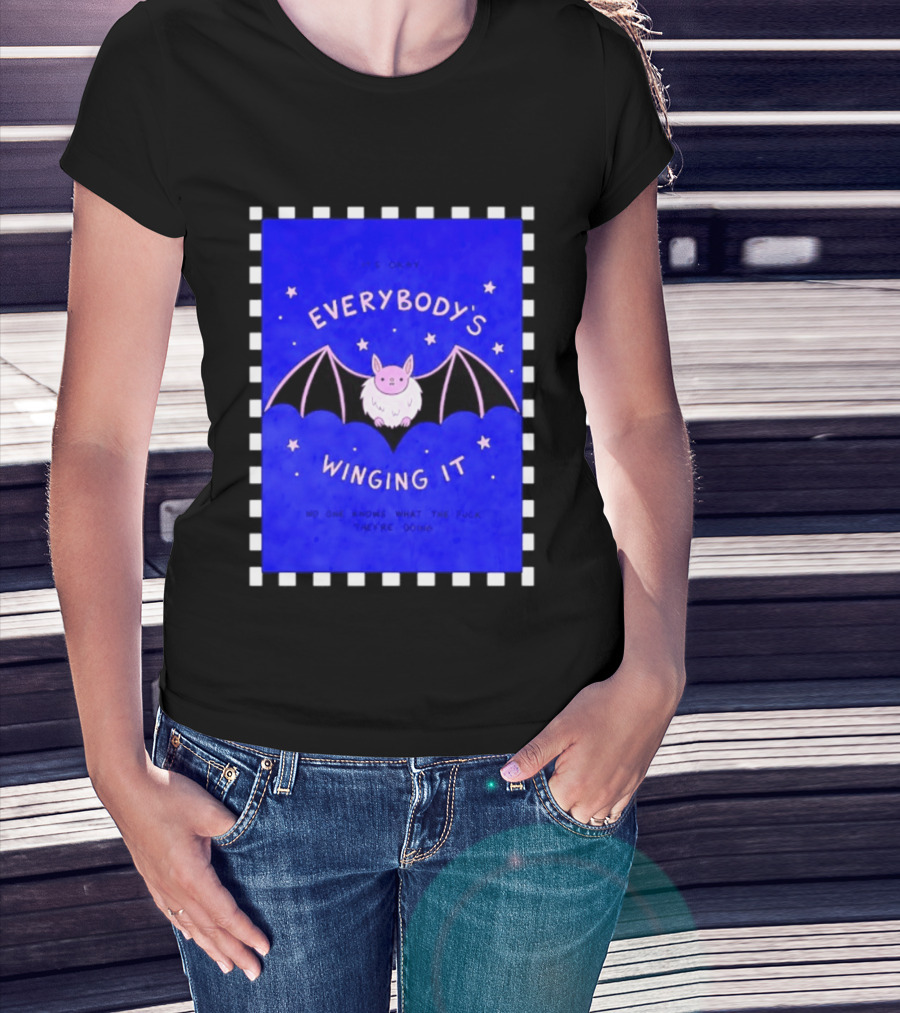 It's Okay Everybody's Winging It No One Knows What They're Doing Pink Bat With Stars T-Shirt
