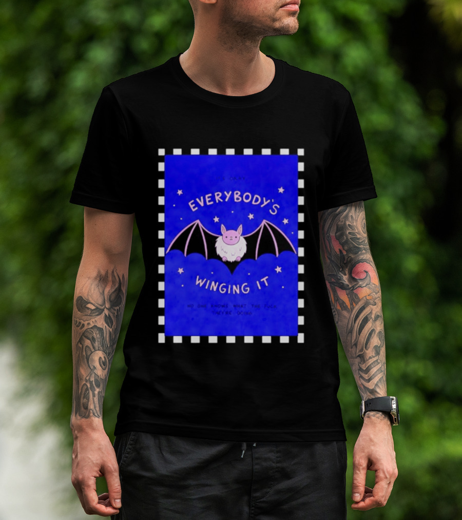It's Okay Everybody's Winging It No One Knows What They're Doing Pink Bat With Stars T-Shirt