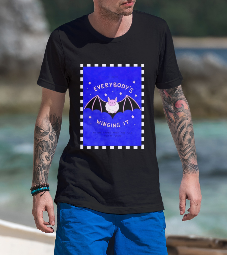 It's Okay Everybody's Winging It No One Knows What They're Doing Pink Bat With Stars T-Shirt