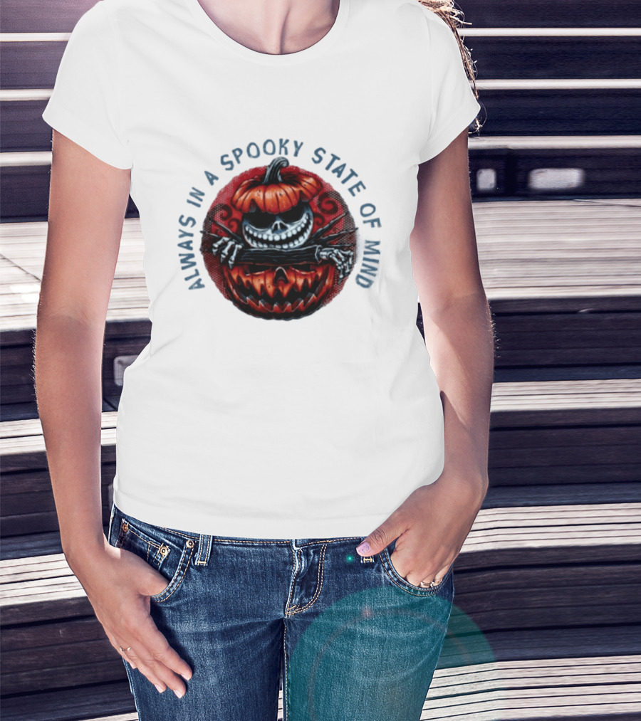 Always In A Spooky State Of Mind Halloween Skeleton Inside Pumpkin T-Shirt