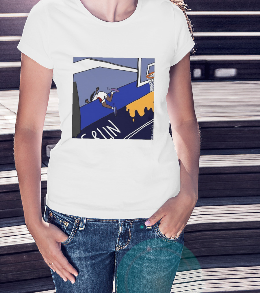 Basketball Player Diving Off Court Cartoon NBA Fan Art By Reuben Armstrong T-Shirt
