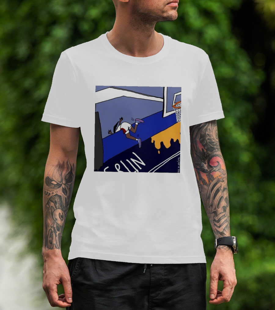 Basketball Player Diving Off Court Cartoon NBA Fan Art By Reuben Armstrong T-Shirt