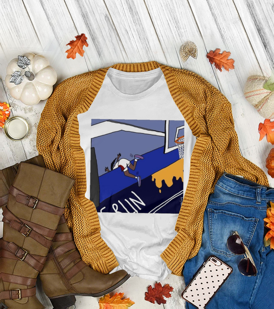 Basketball Player Diving Off Court Cartoon NBA Fan Art By Reuben Armstrong T-Shirt