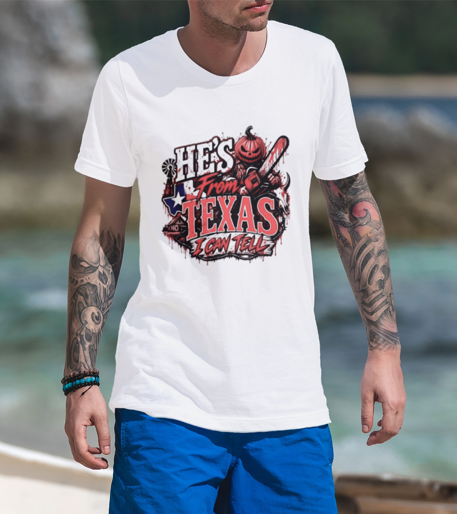 He's From Texas I Can Tell Pumpkin Chainsaw Horror Outlaw T-Shirt