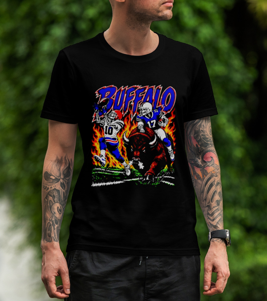 Buffalo Bills Flaming Skeleton Football Players Number 10 And 17 T-Shirt