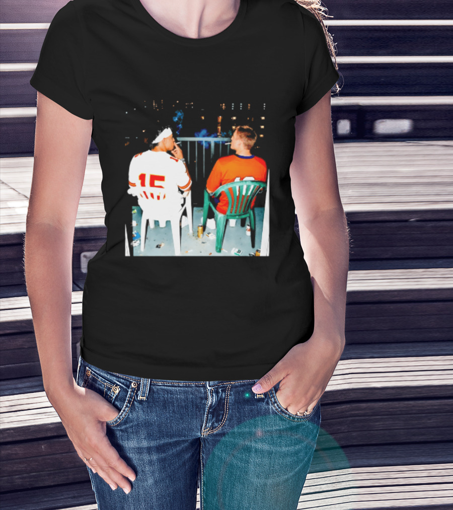 Patrick Mahomes Kansas City Chiefs And Bo Nix Denver Broncos Smoking Behind Skyline T-Shirt