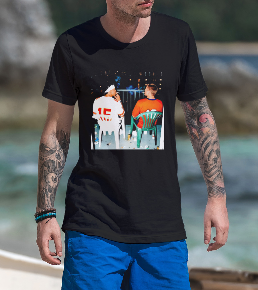 Patrick Mahomes Kansas City Chiefs And Bo Nix Denver Broncos Smoking Behind Skyline T-Shirt