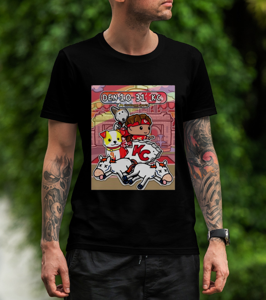 CornDoggy Sports DEN 10 31 KC Denver Broncos Vs Kansas City Chiefs Cartoon Characters And Dogs With Football T-Shirt