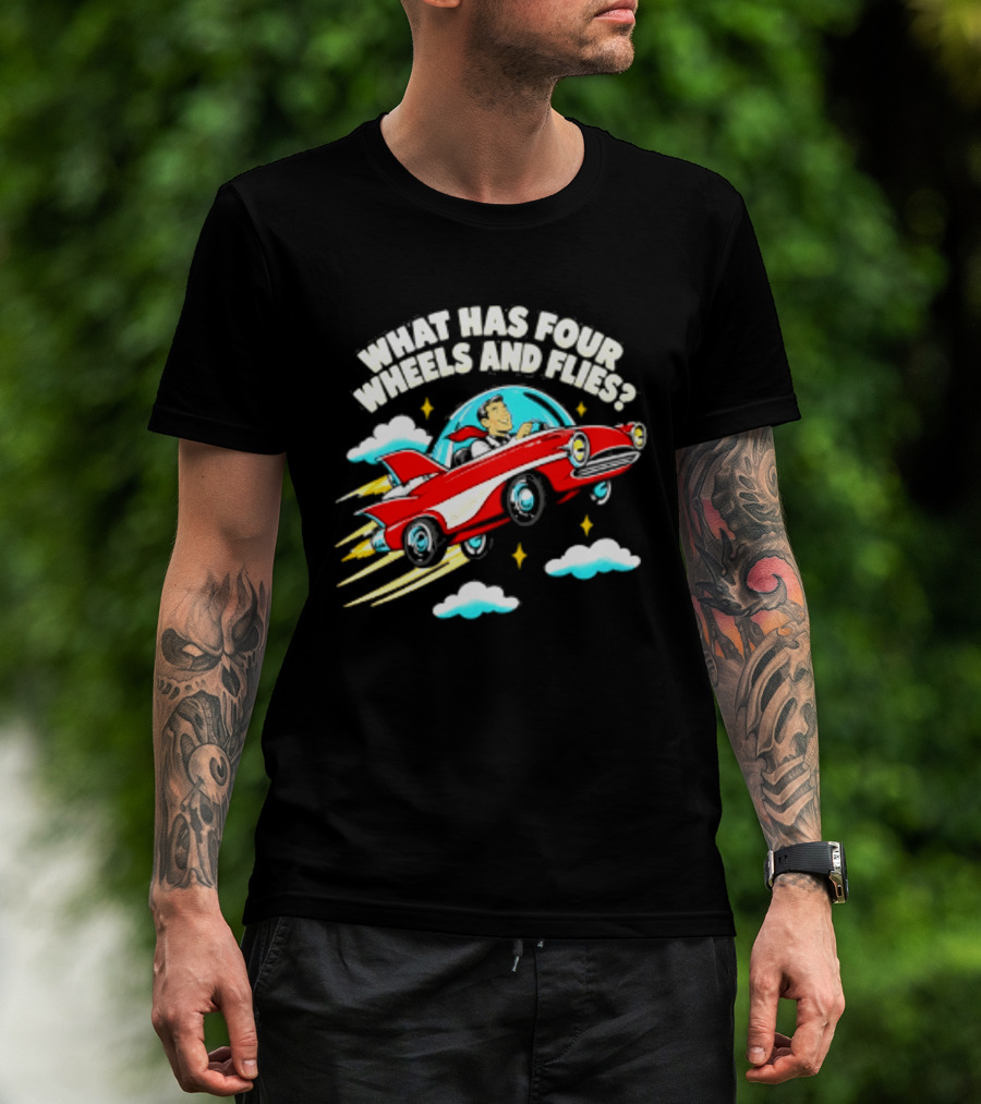 What Has Four Wheels And Flies Retro Flying Car With Clouds And Stars T-Shirt