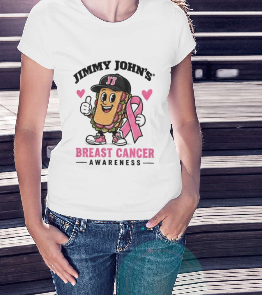 Jimmy John's Pink Ribbon Breast Cancer Awareness Sandwich JJ Hat Hearts T-Shirt