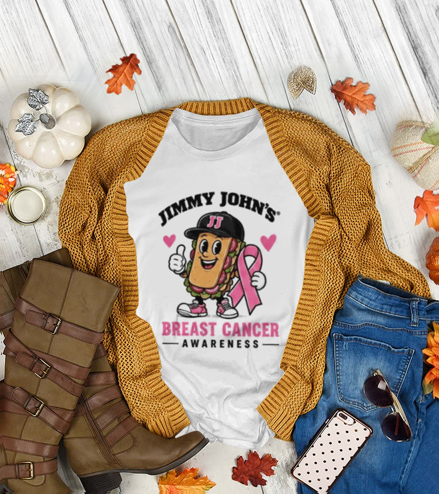 Jimmy John's Pink Ribbon Breast Cancer Awareness Sandwich JJ Hat Hearts T-Shirt