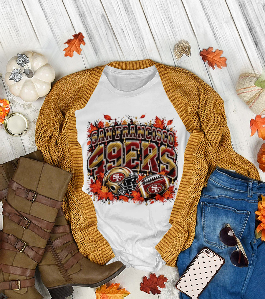 San Francisco 49ers Helmet And Football Autumn Leaves 2026 T-Shirt