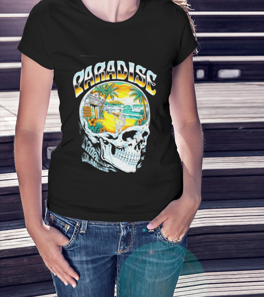 Paradise Tropical Island Skull Surf Shop Beach Scene T-Shirt