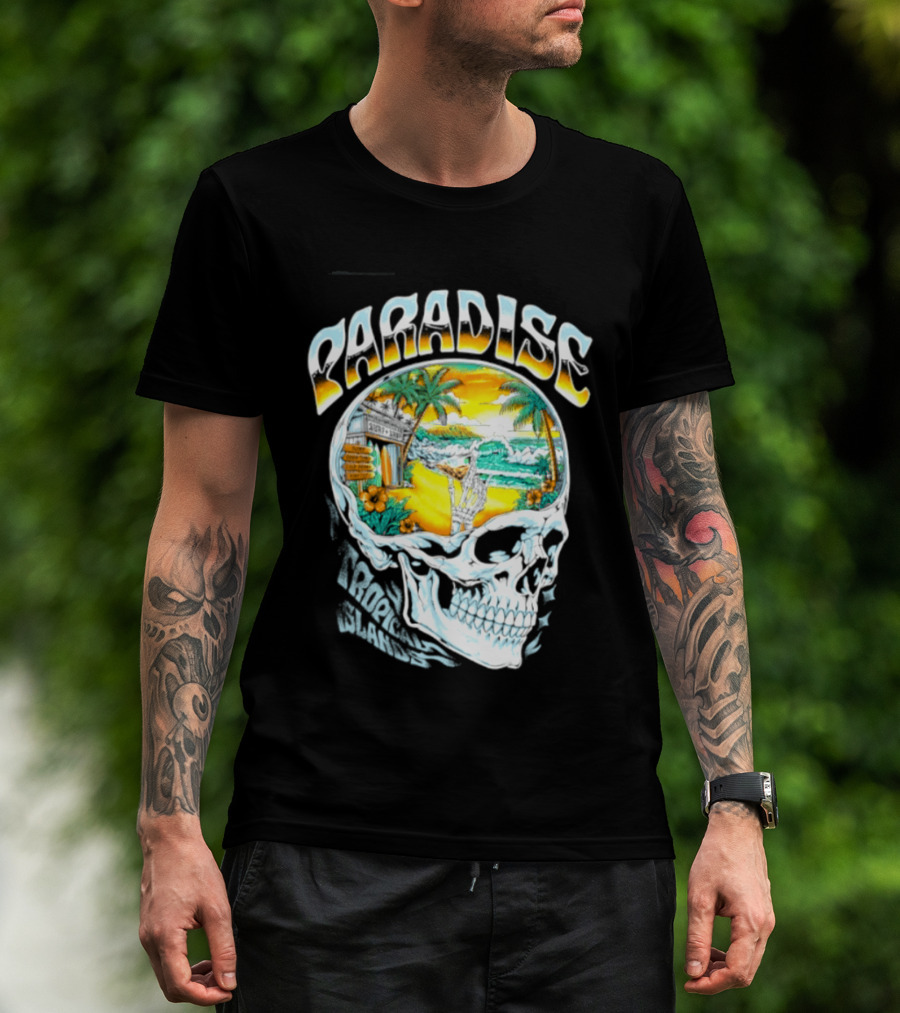 Paradise Tropical Island Skull Surf Shop Beach Scene T-Shirt