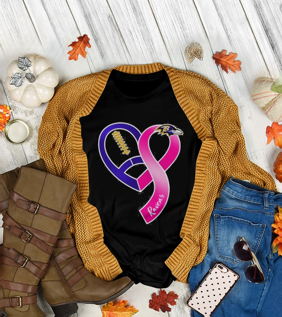 Baltimore Ravens Breast Cancer Awareness Heart Ribbon 2026 T-Shirt