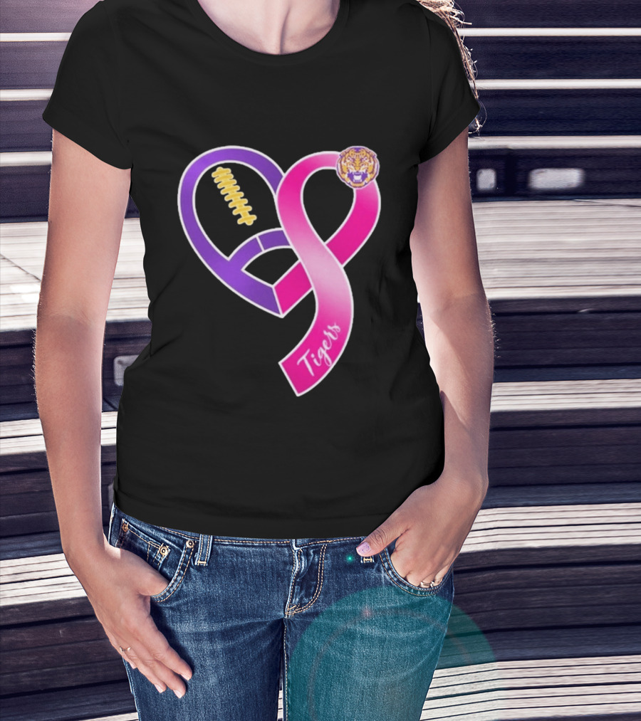 LSU Tigers Breast Cancer Awareness 2026 Heart Ribbon Football T-Shirt