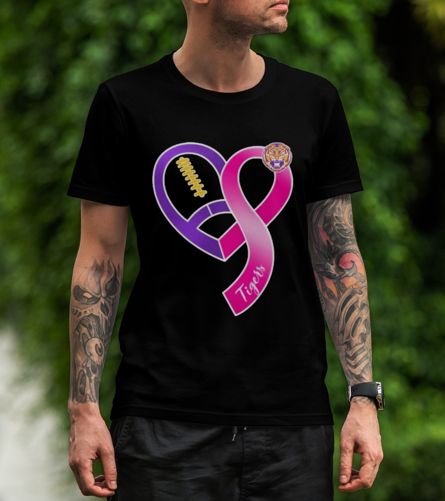 LSU Tigers Breast Cancer Awareness 2026 Heart Ribbon Football T-Shirt