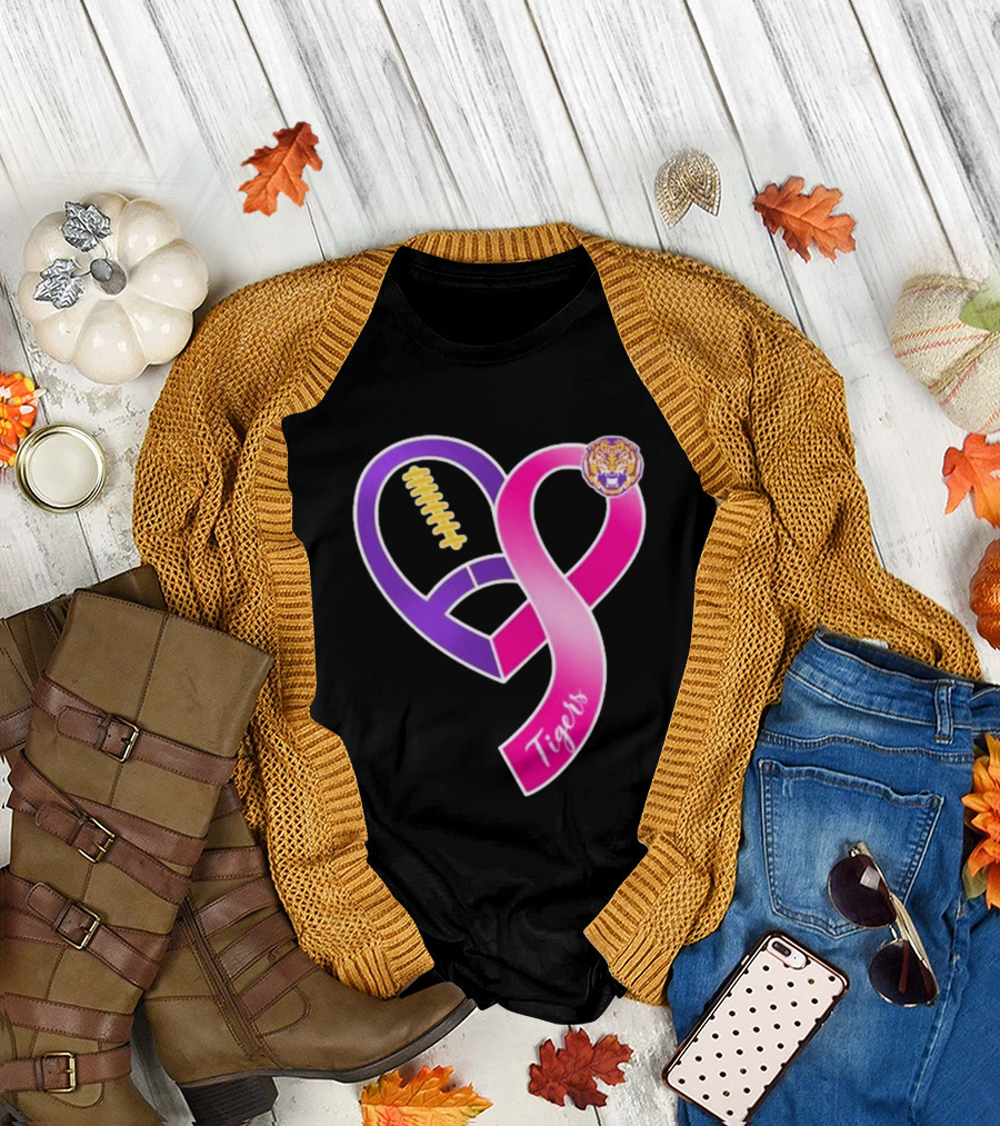 LSU Tigers Breast Cancer Awareness 2026 Heart Ribbon Football T-Shirt