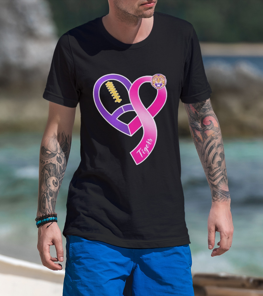 LSU Tigers Breast Cancer Awareness 2026 Heart Ribbon Football T-Shirt