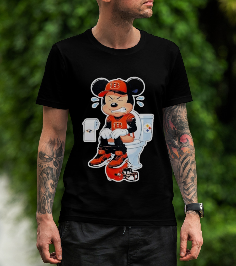 Mickey Cincinnati Bengals Mascot On Toilet Rival Baltimore Ravens Steelers Football Helmet T-Shirt