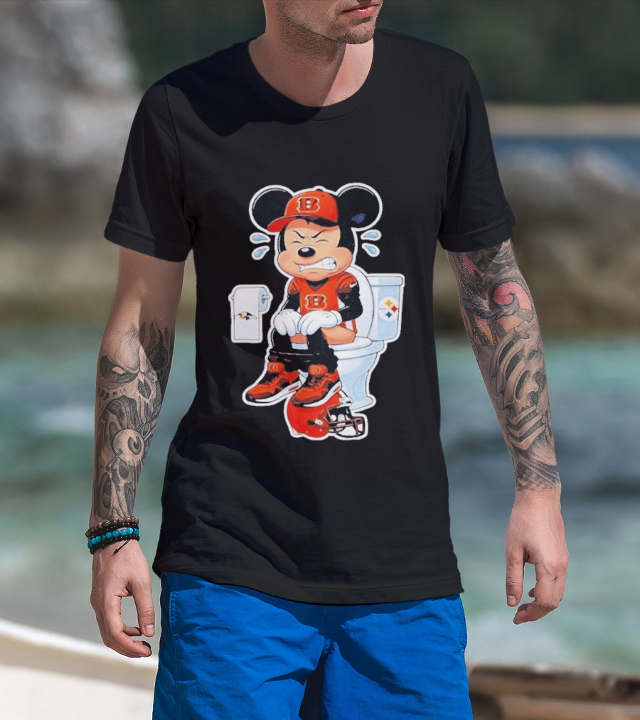 Mickey Cincinnati Bengals Mascot On Toilet Rival Baltimore Ravens Steelers Football Helmet T-Shirt