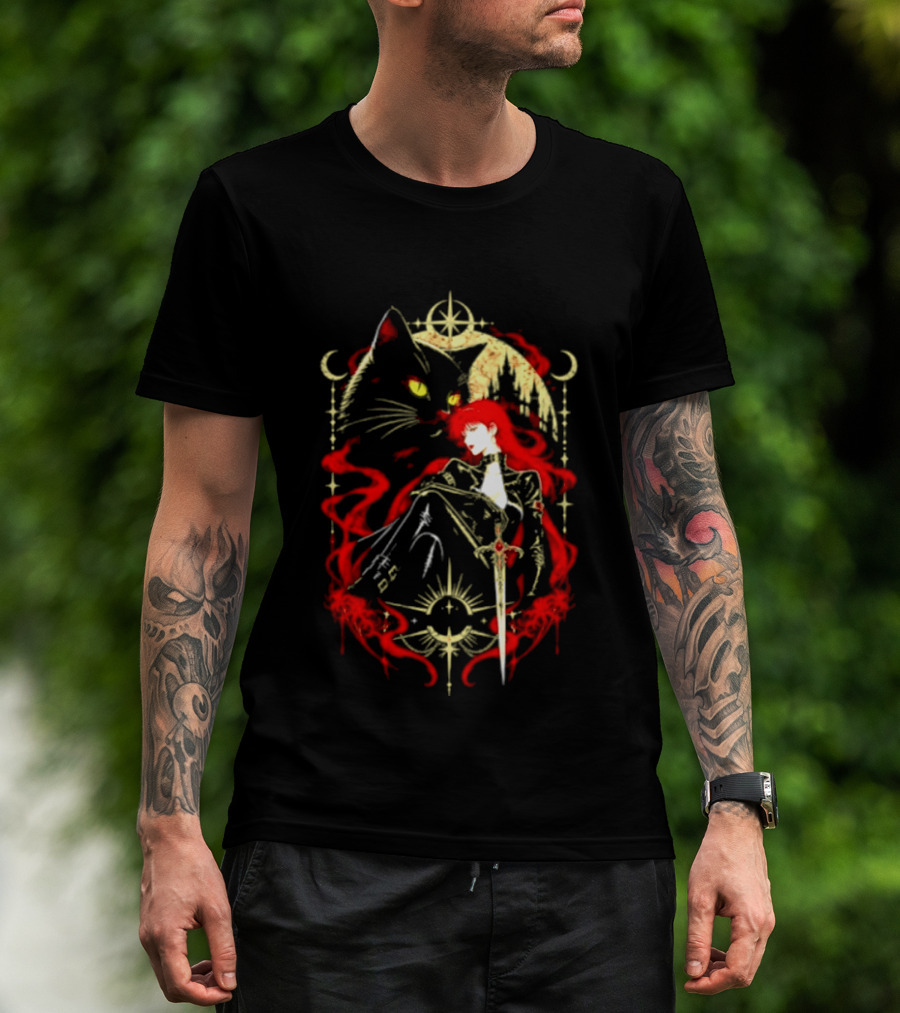 Gothic Red Haired Woman Black Cat Sword Magical T-Shirt