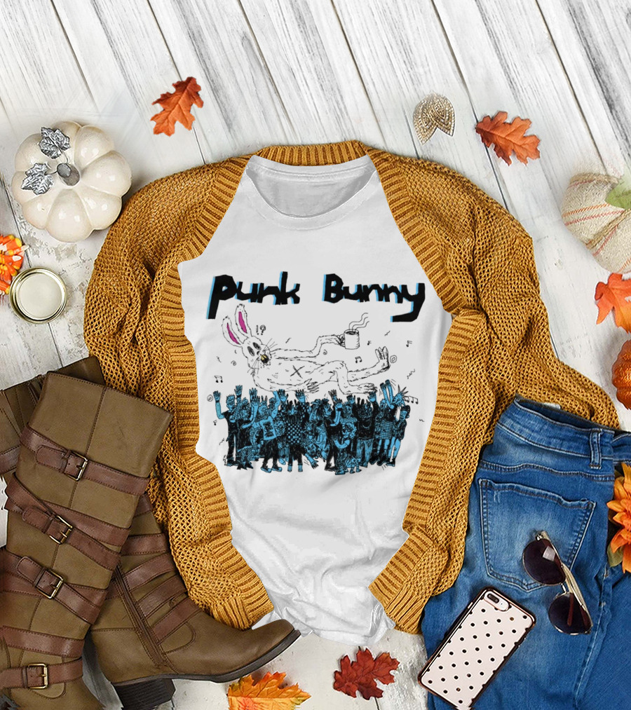 Punk Bunny Coffee Cup Crowd Green Day Style White T-Shirt