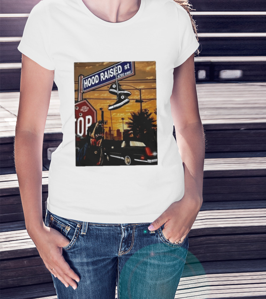 Hood Raised Street 4700 East Rottweiler Lowrider Sneakers And Sunset Urban Scene T-Shirt