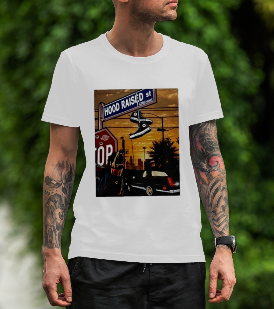 Hood Raised Street 4700 East Rottweiler Lowrider Sneakers And Sunset Urban Scene T-Shirt