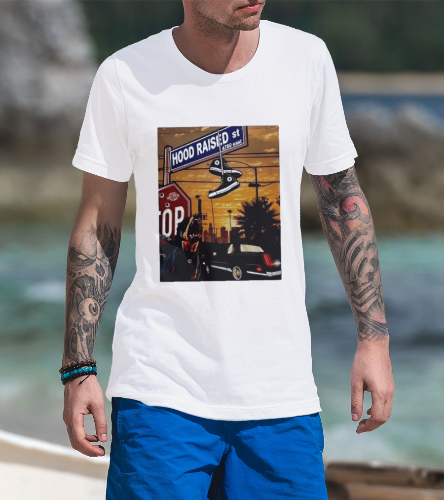 Hood Raised Street 4700 East Rottweiler Lowrider Sneakers And Sunset Urban Scene T-Shirt