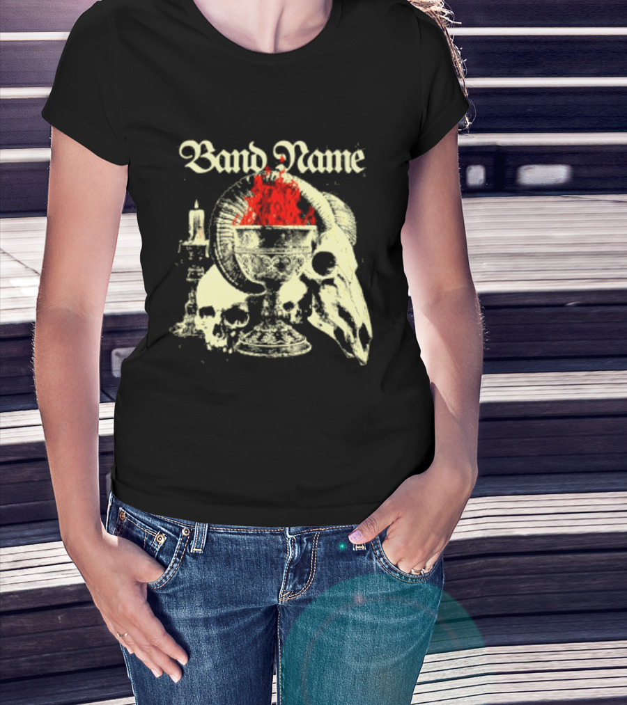 Band Name Skull Chalice Candle Flames Heavy Metal T-Shirt