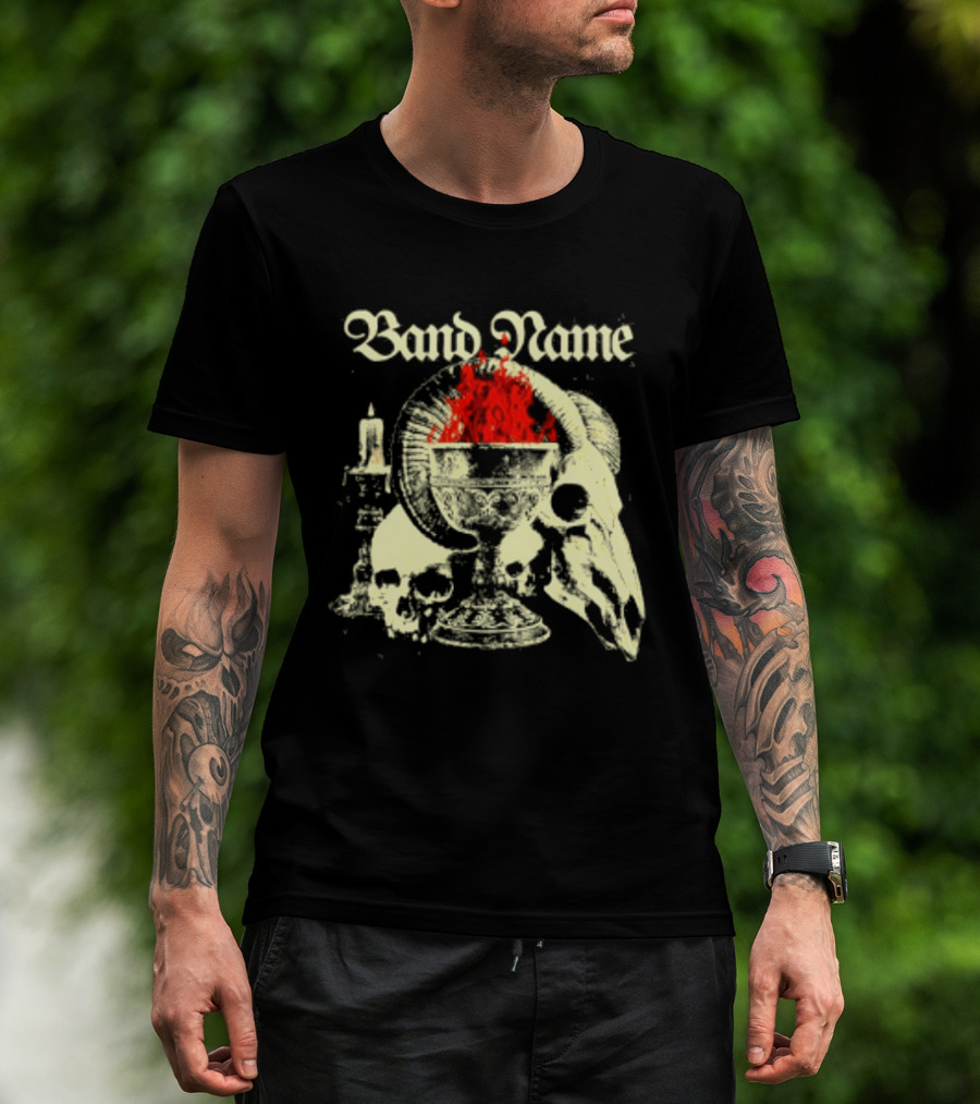 Band Name Skull Chalice Candle Flames Heavy Metal T-Shirt
