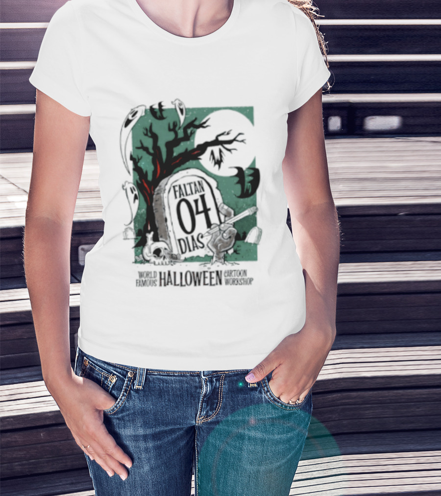Faltan 04 Dias World Famous Halloween Cartoon Workshop Spooky Tree And Bats T-Shirt