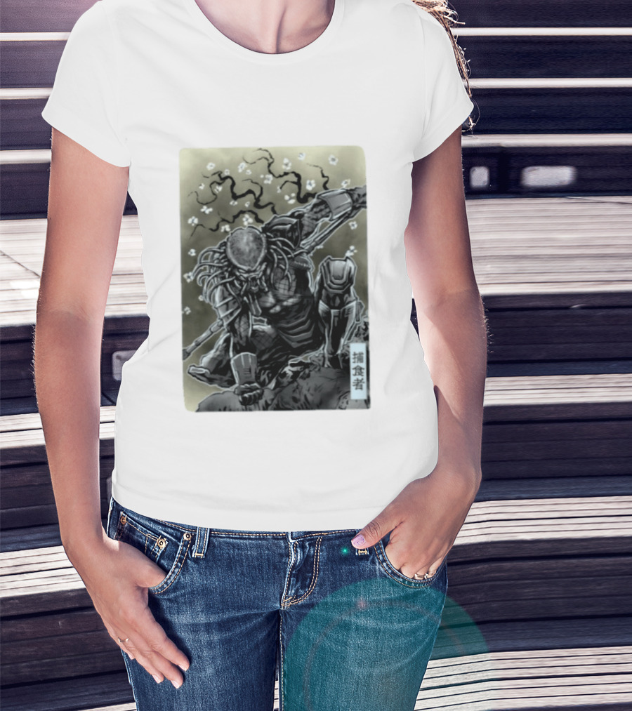 Yautja Samurai Mashup With Cherry Blossoms T-Shirt