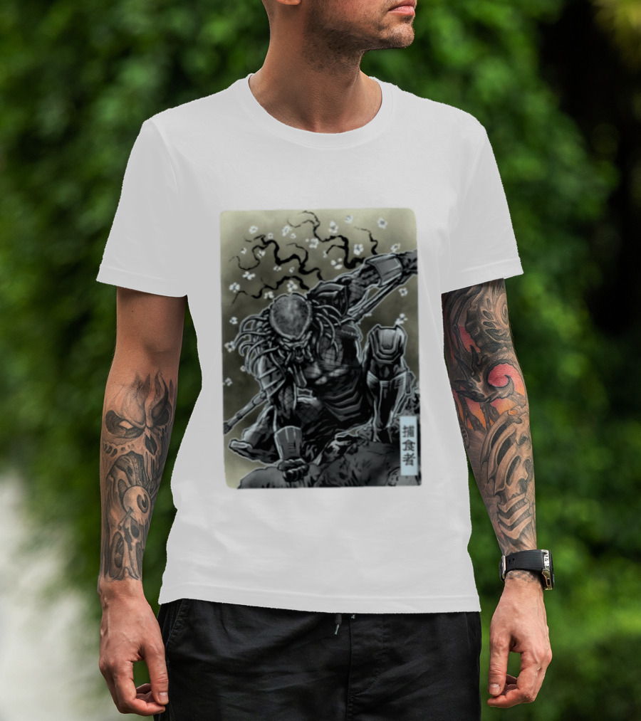 Yautja Samurai Mashup With Cherry Blossoms T-Shirt