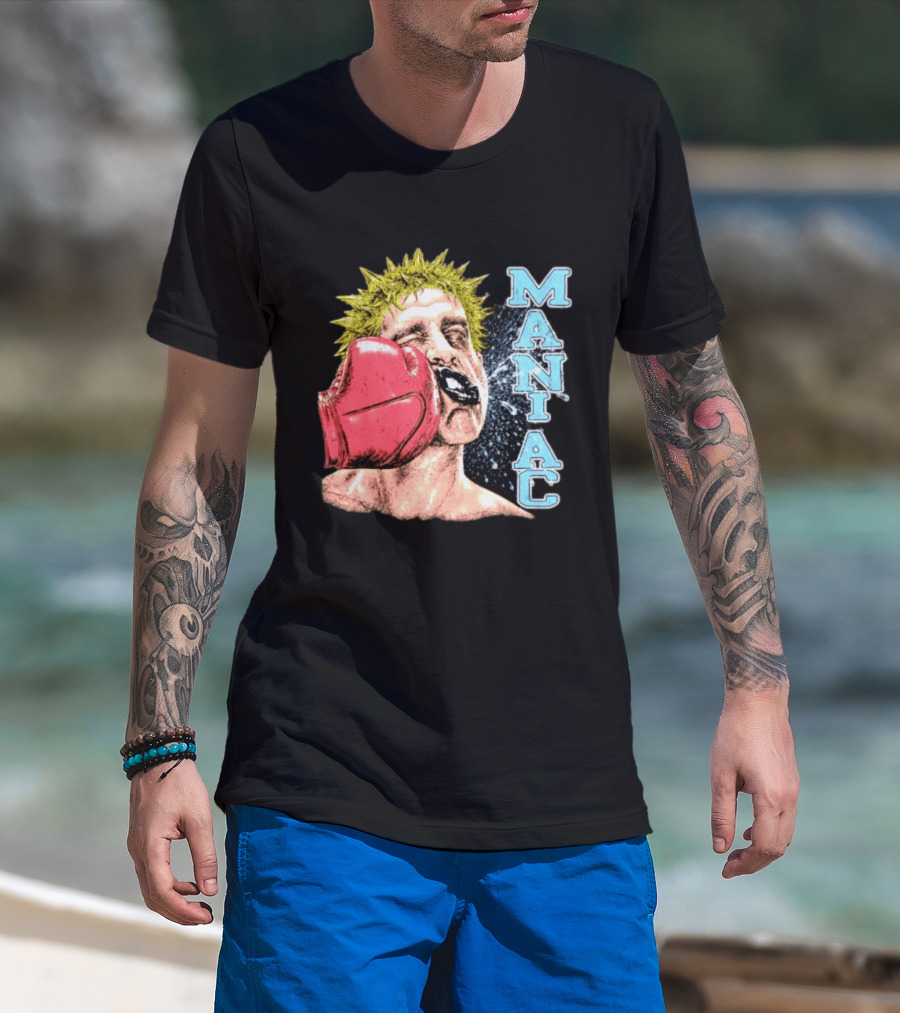 Maniac Boxer Punching Face With Red Glove And Spiky Green Hair T-Shirt